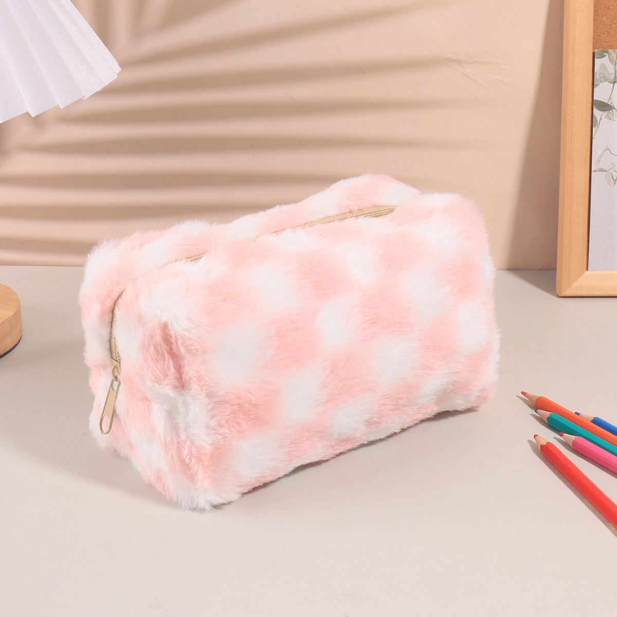 Aesthetic Large Pencil Case Pouch - 귀여운 한국식 체크무늬 필통, 대형 학교용