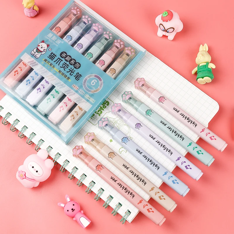 Pastel Highlighter Set Double Ended - 6 개/갑 Kawaii 고양이 발톱 파스텔