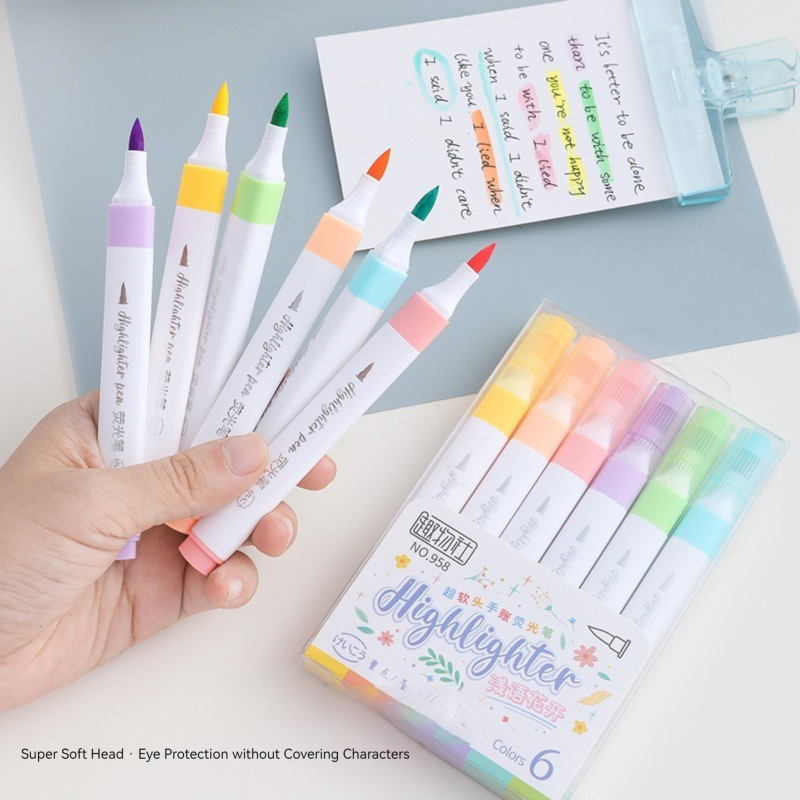 6 색 파스텔 컬러 형광펜 세트 브러시 형광 마커 형광 - Pastel Highlighter Set Double Ended 리뷰 및 가격